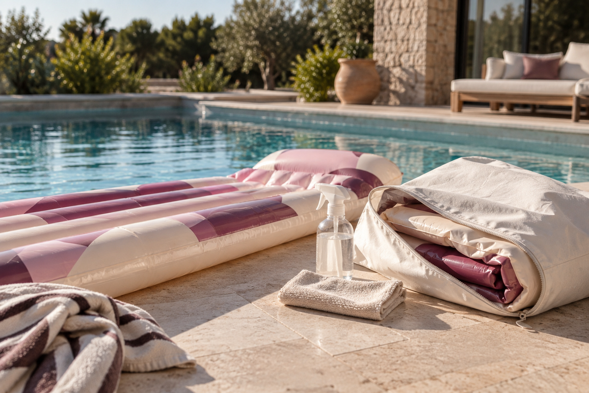 Matelas gonflable de piscine séché et prêt à être rangé pour l'hiver